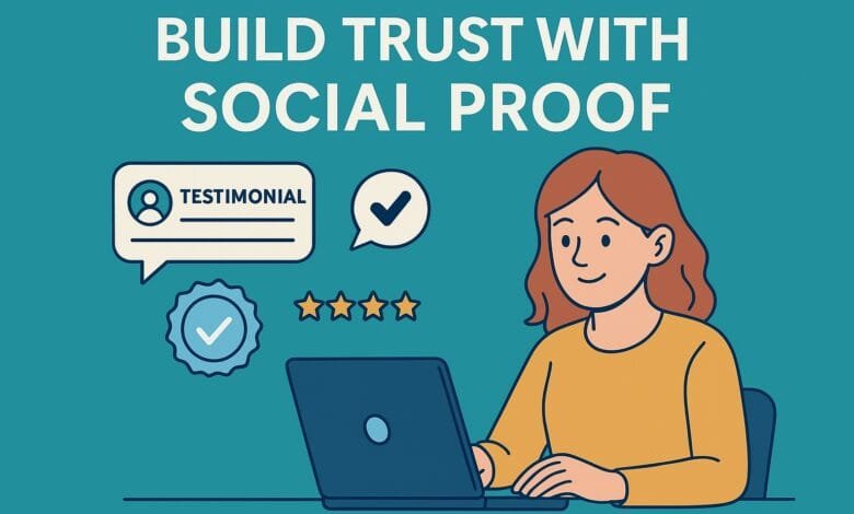 How to Use Social Proof Ecommerce: Build Trust & Sales 1 A flat style digital illustration titled BUILD TR
